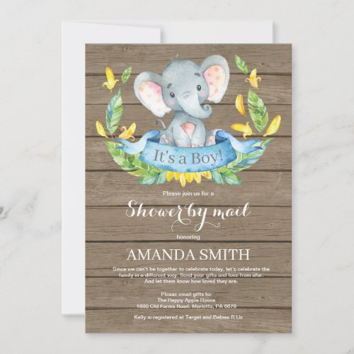 Rustic Boy Elephant Baby Shower by Mail Invitation