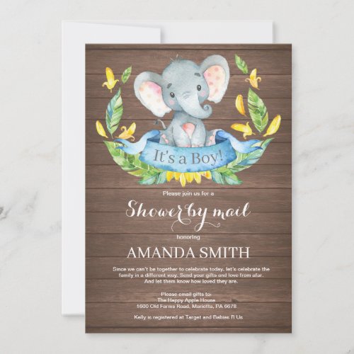 Rustic Boy Elephant Baby Shower by Mail Invitation