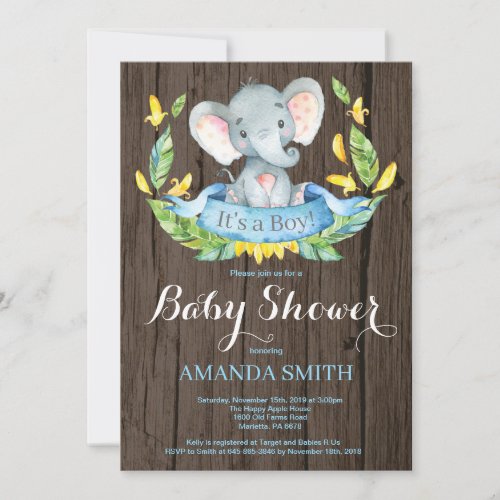 Rustic Boy Elephant Baby Shower Invitation