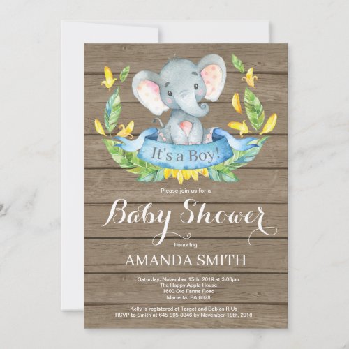 Rustic Boy Elephant Baby Shower Invitation