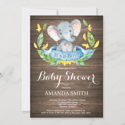 Rustic Boy Elephant Baby Shower Invitation