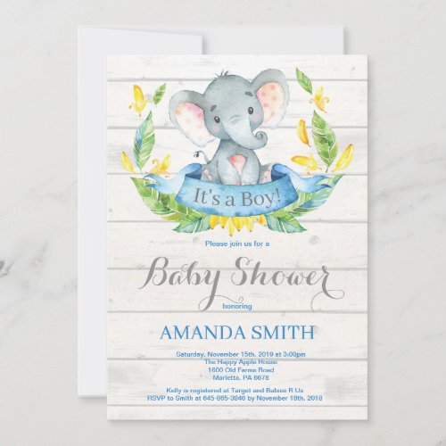 Rustic Boy Elephant Baby Shower Invitation Blue