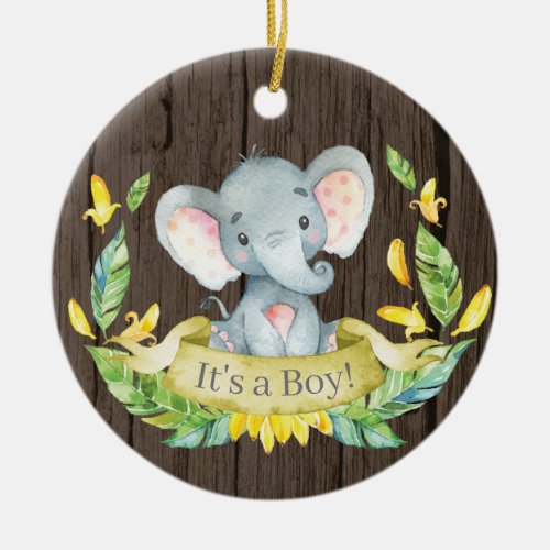 Rustic Boy Elephant Baby Shower Yellow Ceramic Ornament