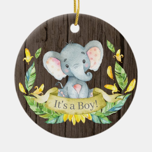 Rustic Boy Elephant Baby Shower Yellow Ceramic Ornament (Front)