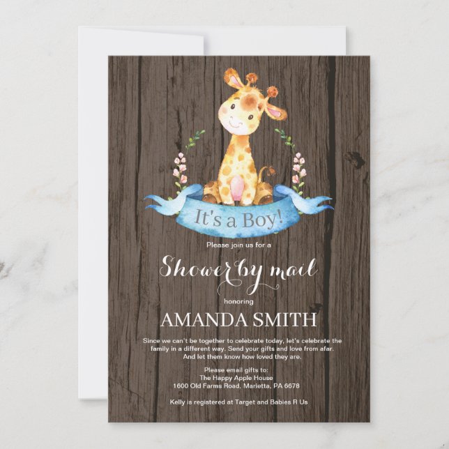 Rustic Boy Giraffe Baby Shower by Mail Invitation (Front)