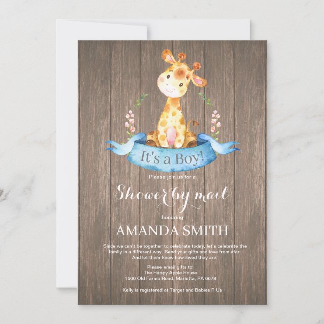 Rustic Boy Giraffe Baby Shower by Mail Invitation (Front)