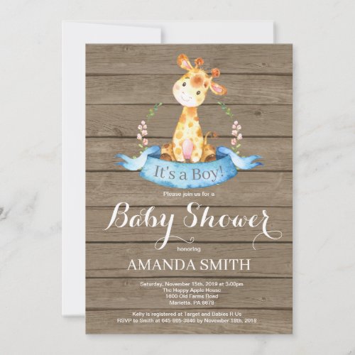 Rustic Boy Giraffe Baby Shower Invitation