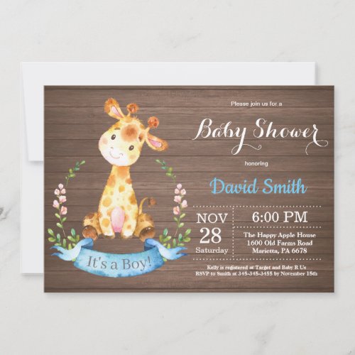 Rustic Boy Giraffe Baby Shower Invitation