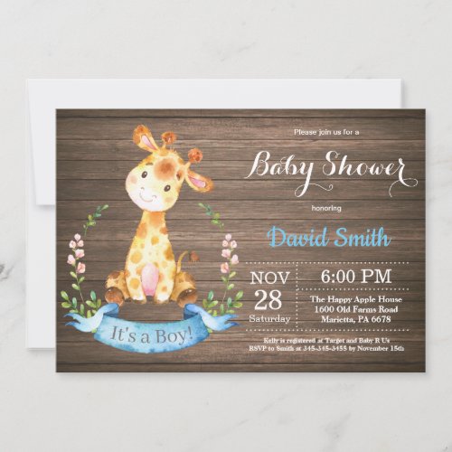 Rustic Boy Giraffe Baby Shower Invitation