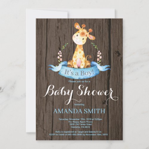 Rustic Boy Giraffe Baby Shower Invitation