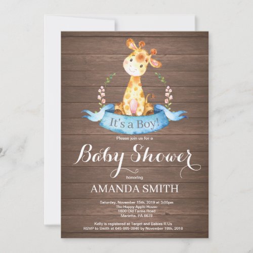 Rustic Boy Giraffe Baby Shower Invitation