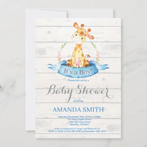 Rustic Boy Giraffe Baby Shower Invitation Blue