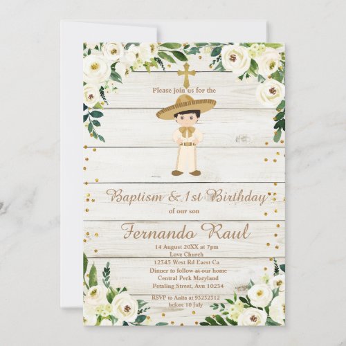 Rustic Boy Gold Baptism First Birthday Mexican  Invitation