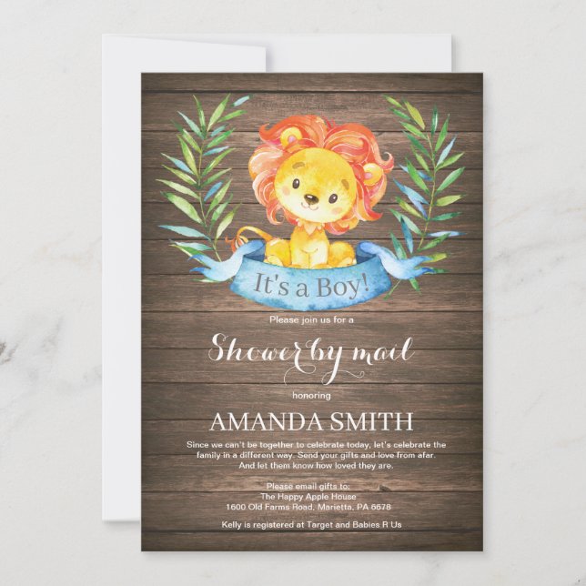 Rustic Boy Lion Baby Shower by Mail Invitation (Front)