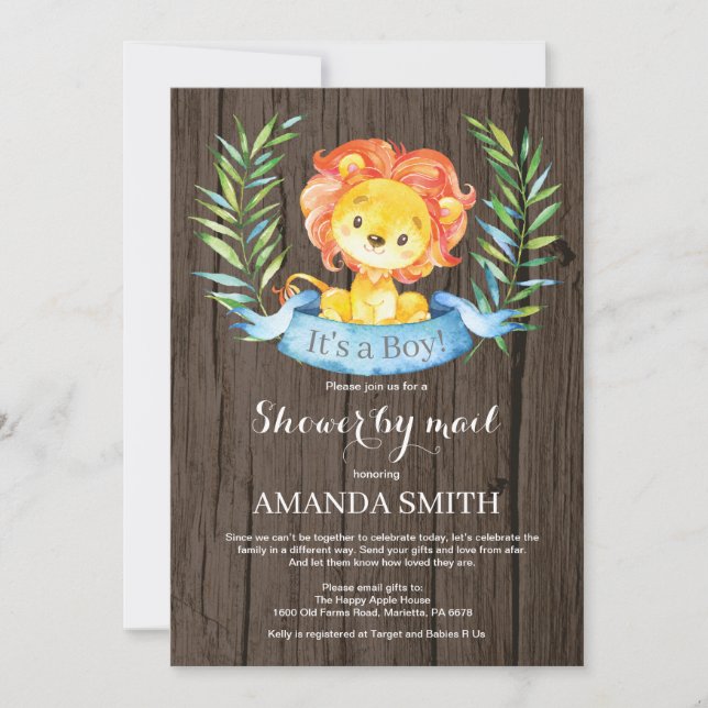 Rustic Boy Lion Baby Shower by Mail Invitation (Front)