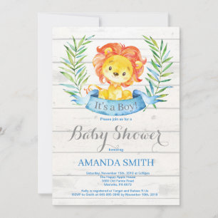 Rustic Boy Lion Baby Shower Invitation Blue