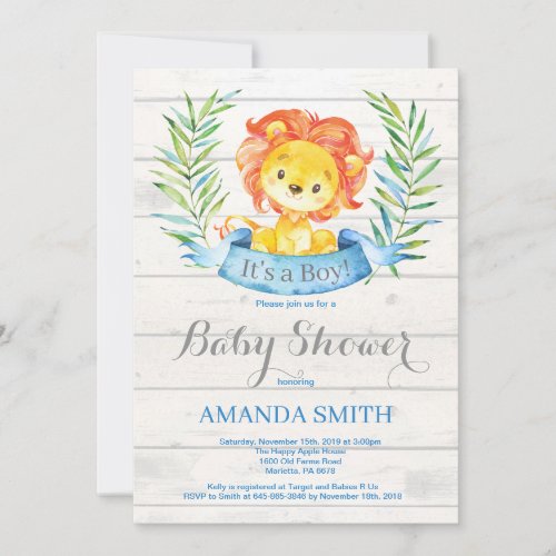 Rustic Boy Lion Baby Shower Invitation Blue