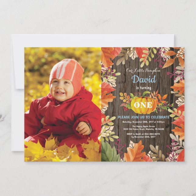 Rustic Boy Pumpkin Fall Birthday Invitation (Front)