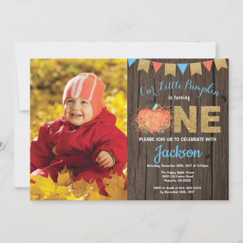 Rustic Boy Pumpkin Fall Birthday Invitation Gold