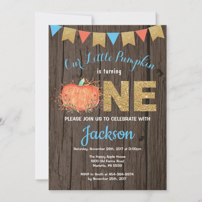 Rustic Boy Pumpkin Fall Birthday Invitation Gold (Front)