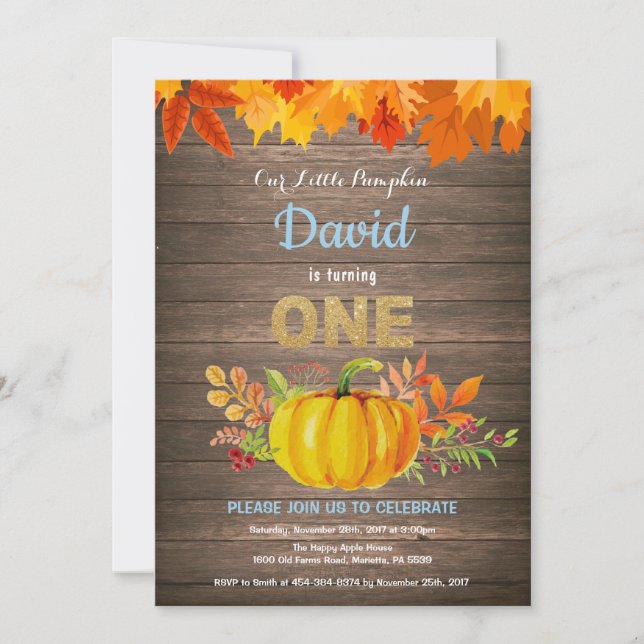 Rustic Boy Pumpkin Fall First Birthday Gold Invitation (Front)