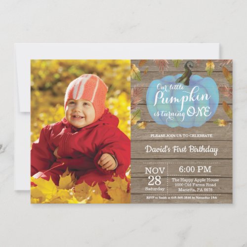 Rustic Boy Pumpkin First Birthday Invitation Blue