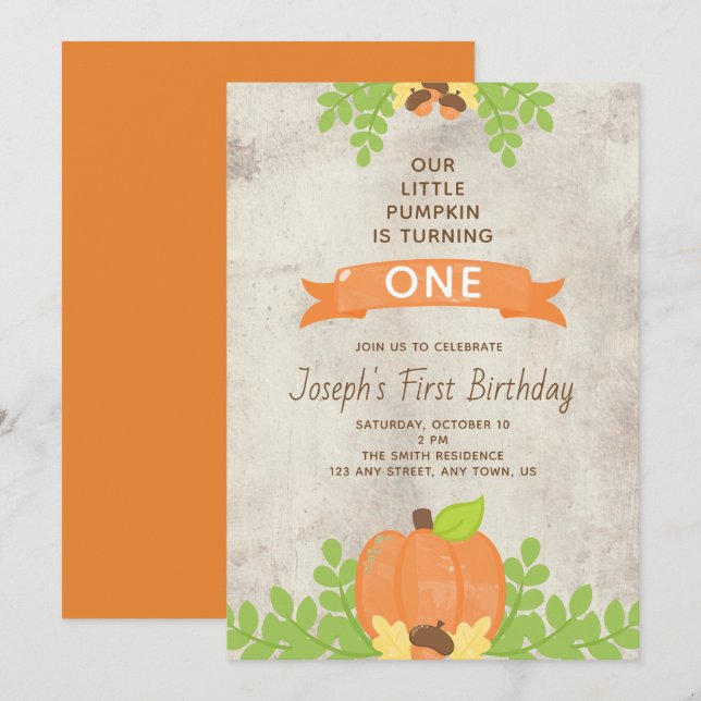Rustic Boys Our Little Pumpkin Acorns 1st Birthday Invitation (Front/Back)