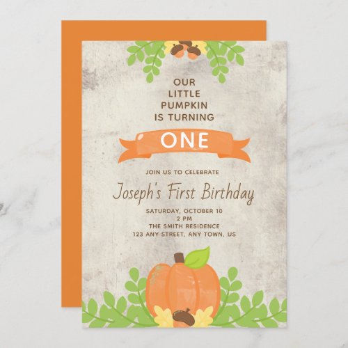 Rustic Boys Our Little Pumpkin Acorns 1st Birthday Invitation