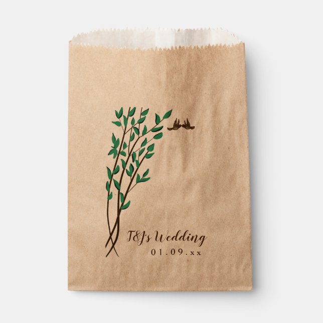 Rustic Branches and Greenery Love Birds Wedding Favor Bag (Front)