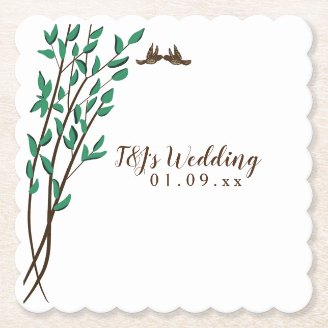 Rustic Branches and Greenery Love Birds Wedding Paper Coaster (Front)