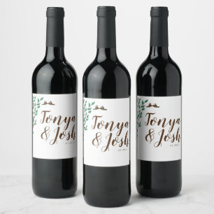 Rustic Branches and Greenery Love Birds Wedding Wine Label