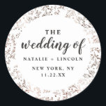 Rustic Branches Copper Foil Autumn Fall Wedding Classic Round Sticker<br><div class="desc">Rustic Wood Slice Copper Foil Autumn Fall Wedding Design with hand Drawn wood slice, twigs, leaves, branches, and berries. A Chic and trendy country Look for an autumn or any season wedding, nature inspired, perfect for a barn wedding venue, or mountain retreat. With copper bronze faux foil effect, and a...</div>