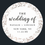 Rustic Branches Copper Foil Autumn Fall Wedding Classic Round Sticker<br><div class="desc">Rustic Wood Slice Copper Foil Autumn Fall Wedding Design with hand Drawn wood slice, twigs, leaves, branches, and berries. A Chic and trendy country Look for an autumn or any season wedding, nature inspired, perfect for a barn wedding venue, or mountain retreat. With copper bronze faux foil effect, and a...</div>