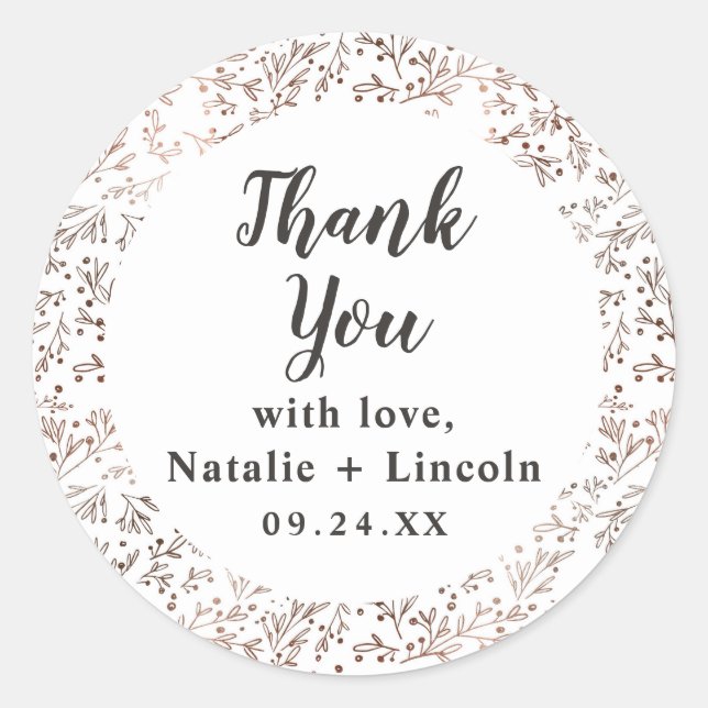 Rustic Branches Copper Foil Wedding Thank You Classic Round Sticker (Front)