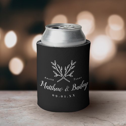 Rustic Branches Wedding Monogram  Black Can Cooler