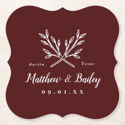 Rustic Branches Wedding Monogram  Burgundy Paper Coaster