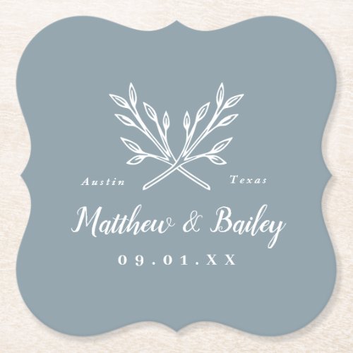 Rustic Branches Wedding Monogram  Dusty Blue Paper Coaster