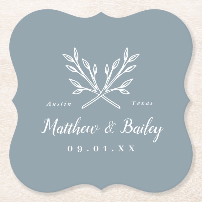 Rustic Branches Wedding Monogram | Dusty Blue Paper Coaster (Front)