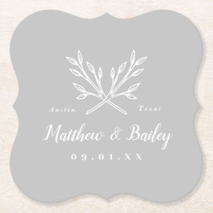 Rustic Branches Wedding Monogram   Gray Paper Coaster