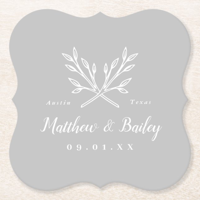 Rustic Branches Wedding Monogram | Gray Paper Coaster (Front)