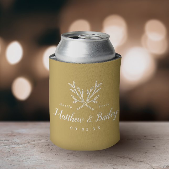 Rustic Branches Wedding Monogram | Mustard Yellow Can Cooler (Creator Uploaded)