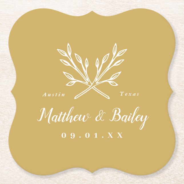 Rustic Branches Wedding Monogram | Mustard Yellow Paper Coaster (Front)