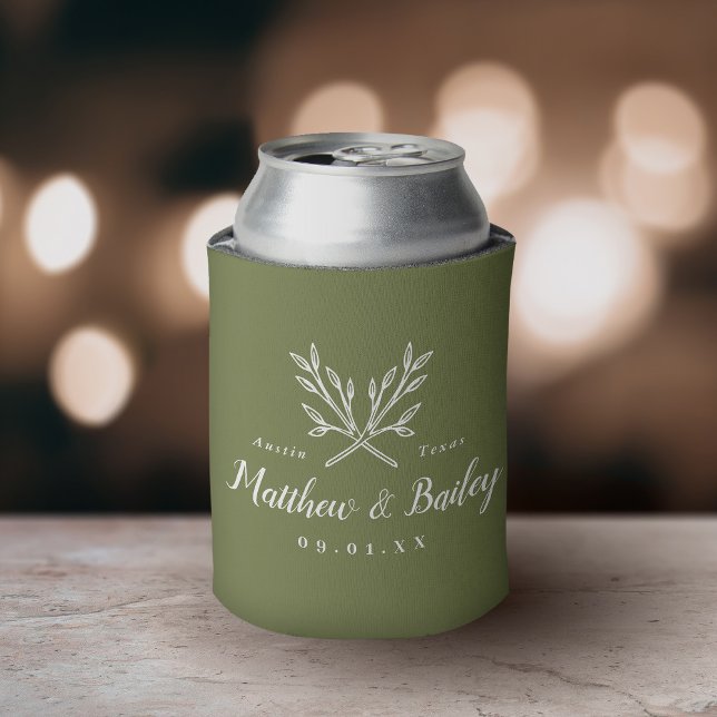 Rustic Branches Wedding Monogram | Olive Green Can Cooler (Creator Uploaded)
