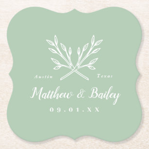 Rustic Branches Wedding Monogram Sage Paper Coaster