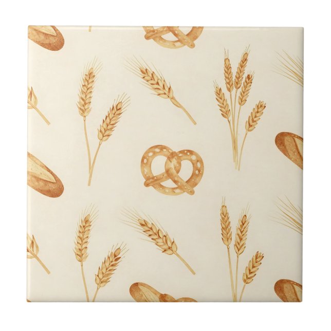Rustic Bread & Wheat Seamless Pattern Ceramic Tile (Front)