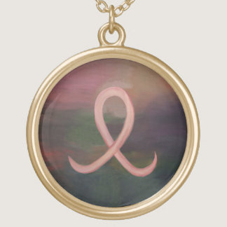 Rustic Breast Cancer Survivor Pink Ribbon Abstract Gold Plated Necklace