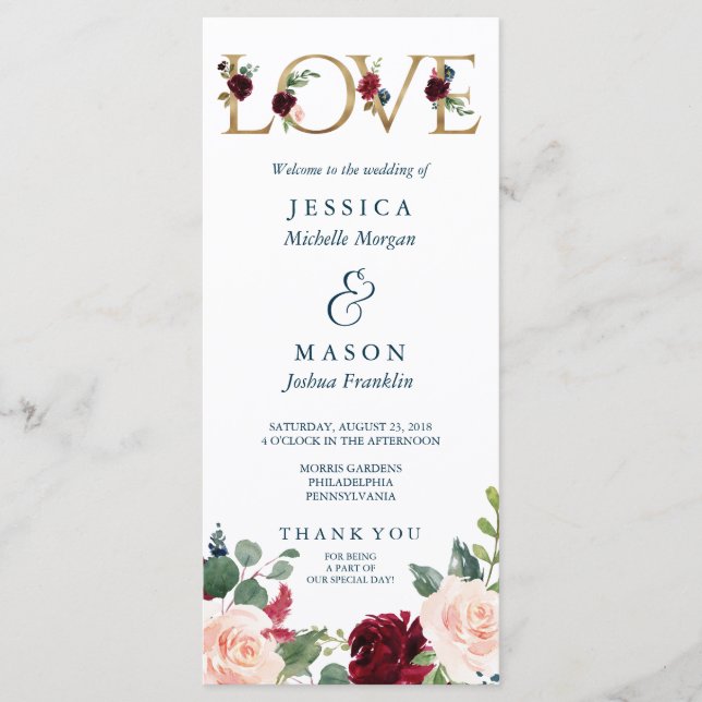 Rustic Breezy Burgundy Fall Wedding Program (Front)