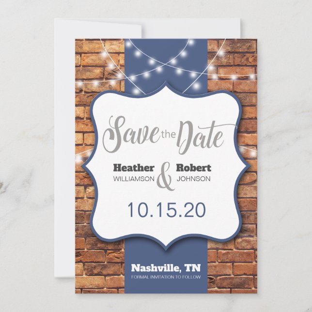 Rustic Brick Background Blue Accents Save the Date (Front)