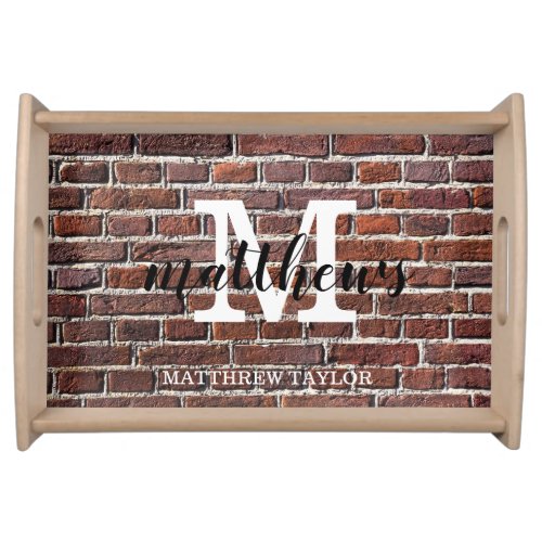 Rustic Brick Pattern Monogram Farmhouse Brown Serving Tray