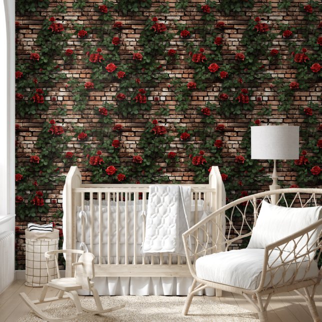Rustic Brick Rose Vine Wallpaper (Kids)